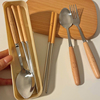 可爱筷子勺子叉子餐具套装木柄，不锈钢学生便携一人用三件套收纳盒