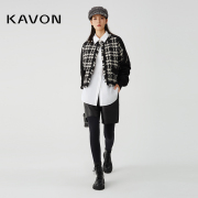 Kavon/卡汶经典潮流千鸟格拼接高极运动感手工毛边小香风长袖外套