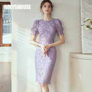 罗衣优雅镂空蕾丝连衣裙，女2024夏装紫色泡泡，袖中长裙子06290