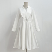 2022女装春夏季设计感白色衬衫裙百褶长袖大翻领A字连衣裙