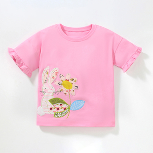 2024夏装女童粉红色T恤短袖宝宝纯棉上衣儿童兔子半袖体恤衫6