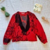日本正红色，中国风黑牡丹，vintage衬衫外套