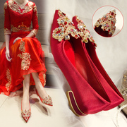 红秀禾婚鞋女2023年红色高跟粗跟大码结婚秀禾服新娘红鞋平底