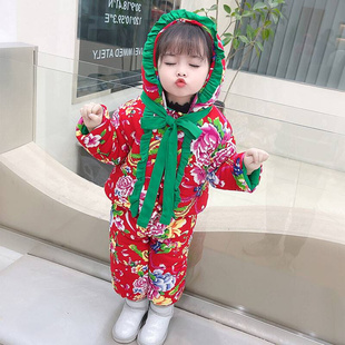 东。北大花布棉袄儿童女宝宝冬季小孩加棉加厚女童拜年服套装中国