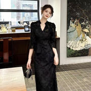 新中式国风套装2024春季长袖，蕾丝镂空上衣，+直筒休闲半身裙两件套