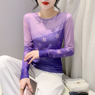 2024年春夏圆领网纱印花紫色长袖，t恤女洋气百搭显瘦修身薄款上衣