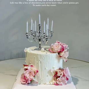 520情人节蛋糕装饰母亲节复古烛台蜡烛摆件珍珠蝴蝶结插件