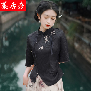 新中式国风改良旗袍上衣女，夏季民国风，复古唐装短款刺绣茶服两件套