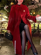 100%羊毛新年红色蝴蝶结双面呢大衣女冬黑色中长款气质毛呢外套