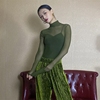 WYZ盖盖美丽网纱连体衣军绿色气质高领修身纯色性感网纱衣