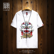 夏季潮牌国潮中国风醒狮重工刺绣短袖T恤 男小众民族风体恤大码