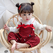 2020韩版童装女宝宝，长袖连体衣婴儿衣服春秋，纯棉背带裤两件套装红