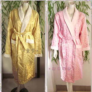 双层绸缎睡袍加厚冬季浴袍男女士贵妇外层丝绸里层竹纤维毛巾浴衣
