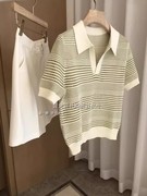 禾家柜价1.9K+！元厂有机棉纱~绿白条纹polo领短袖针织T恤女夏新