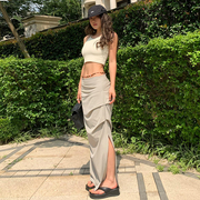 LEIYU工装半身裙女秋修身显瘦加厚速干开叉半裙欧美ins辣妹褶皱裙