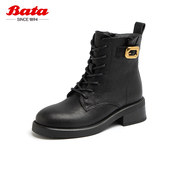 bata马丁靴女2024冬季商场羊皮英伦风，通勤粗跟短筒靴08272dd3