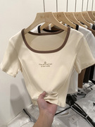 欧货撞色短袖T恤女字母印花明线装饰设计感2023夏季修身上衣