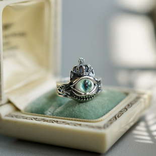 睡莲生生世世 原创设计925纯银猫咪戒指绿色眼睛元素小众开口指环