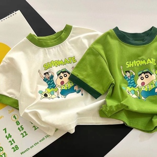 2024韩版童装绿色白色，时髦洋气纯棉t恤短袖卡通印花潮