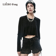 裂帛LIEBOFeng商场同款2024年小众设计感甜酷辣妹风黑色长袖T恤