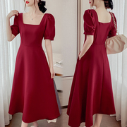 法式复古茶歇裙女红色连衣裙订婚日常可穿2023夏季气质长裙子