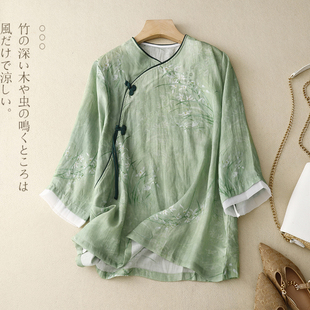 复古国风印花苎麻七分袖，衬衫女夏季气质，改良汉服减龄中式唐装上衣