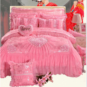 定制韩式蕾丝婚庆四件套结婚大红色，粉公主床盖六八件18m20床上用