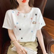 纯棉女士t恤短袖，夏装2024韩版宽松圆点印花圆领，百搭休闲上衣