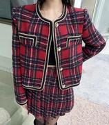 韩国ulzzang秋冬法式气质，时尚圆领单排扣呢料格子，外套+半身裙