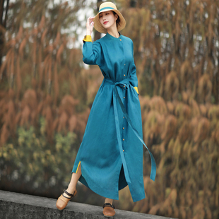 赫轩原著2023春装女装复古蓝色孔雀蓝束腰连衣裙，显瘦气质长裙