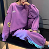 紫色休闲运动套装女春秋减龄时尚圆领加绒加厚套头卫衣两件套
