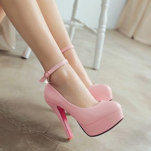 2023夏季女鞋防水台粉红色高跟鞋时尚扣带粗跟圆头舒适单鞋