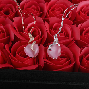 天然粉水晶s925纯银玫瑰甜美气质项链，芙蓉石吊坠(石，吊坠)女送闺蜜女友礼物