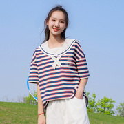 学院风班服短袖T恤夏季13岁中学生少女休闲条纹体恤日系JK服女孩