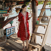 奈良民族风连衣裙红色长裙复古三亚沙滩裙女夏季海边度假波西米亚