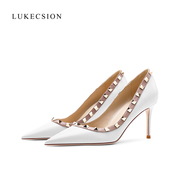 LUKECSION高跟鞋女秋季真皮尖头铆钉白色法式小羊皮细跟单鞋