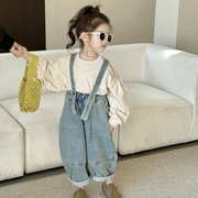 女童牛仔背带裤春装，2024韩版时髦儿童，休闲灯笼裤宽松萝卜长裤