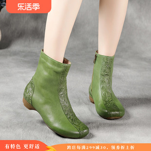 绿色女鞋子秋短筒靴子牛皮擦色手工花朵单靴复古风格文艺皮靴百搭