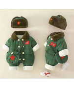 贝冬季男女宝宝可爱洋气双排扣绿色双兜大衣连体翻领爬服