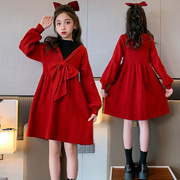 。女童红色连衣裙秋冬拜年服长袖秋冬假两件公主，裙喜庆新年拜年服