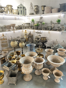 摩洛哥古典高脚杯花器复古金色做旧铁艺，花器花瓮烛台果盘摆件装饰