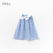 elfairy宝宝花朵领背心，裙女婴儿格子，连衣裙儿童女童夏季裙子纯棉
