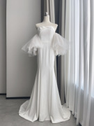 艺术婚纱设计师进口醋酸高级气质两穿喇叭袖不对称蝴蝶结抹胸鱼尾