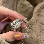925纯银闪亮锆石戒指女小众，设计高级感时尚，气质多层线条开口戒指