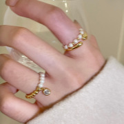 真金电镀锆石珍珠圆珠弹力几何开口戒指三件套轻奢小众食指戒手饰