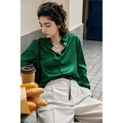法式绿色高级感醋酸缎面衬衫女士春秋设计感小众衬衣洋气上衣
