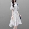 裙子女春季2024流行时尚韩版收腰显瘦气质奢华雪纺白色连衣裙