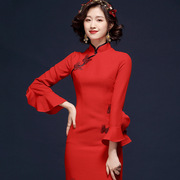 2023优雅中国风荷叶袖，红色改良旗袍礼服，裙子连衣裙女装