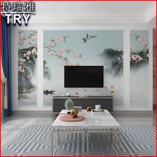 大气现代中式山水花鸟电视背景墙壁纸客厅沙发影视墙布8d立体壁画