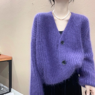 紫色粗毛线狐狸毛针织衫，v领开衫毛衣，欧洲站宽松显瘦设计感纯色上